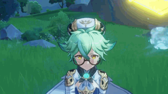 a cartoon character with green hair and glasses is standing in the grass