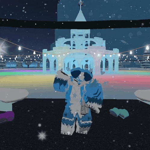 a person in a furry costume stands in front of an ice castle