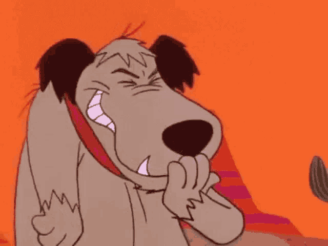 a cartoon dog is biting his nails and making a face .