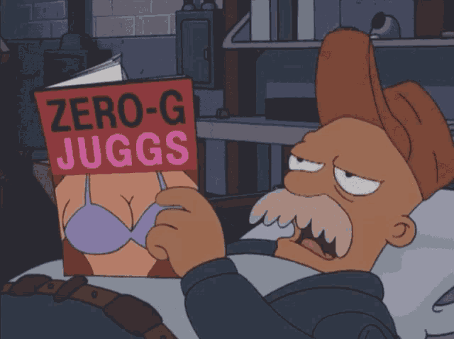 a man with a mustache is reading a book called zero-g juggs
