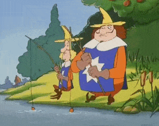 two cartoon characters are fishing in a pond