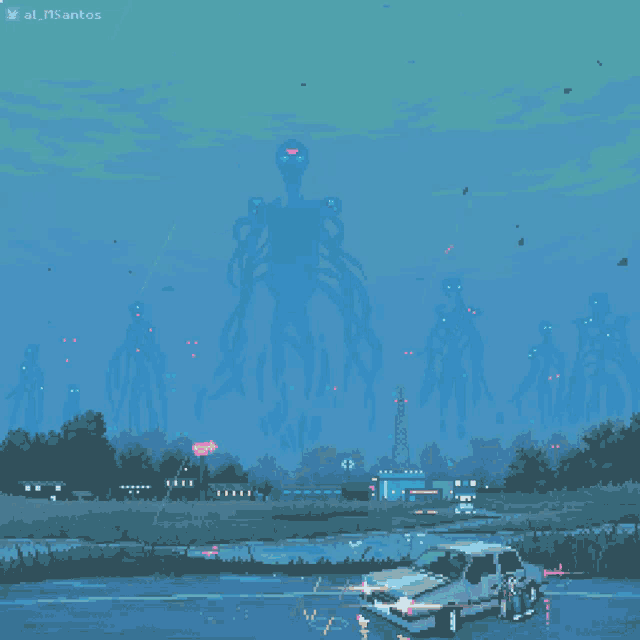 a pixel art painting of a car driving down a road