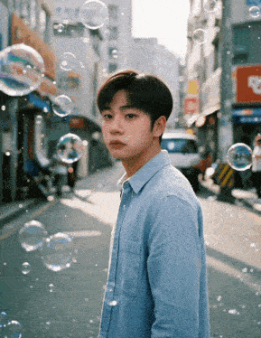 a young man in a blue shirt is surrounded by soap bubbles on a city street