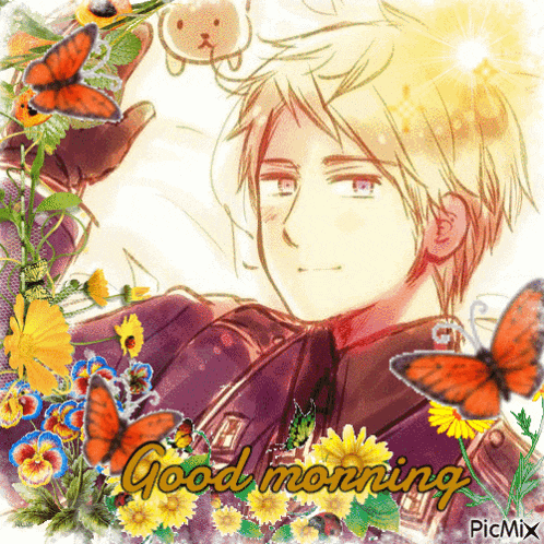 a picture of a man with flowers and butterflies with the words good morning
