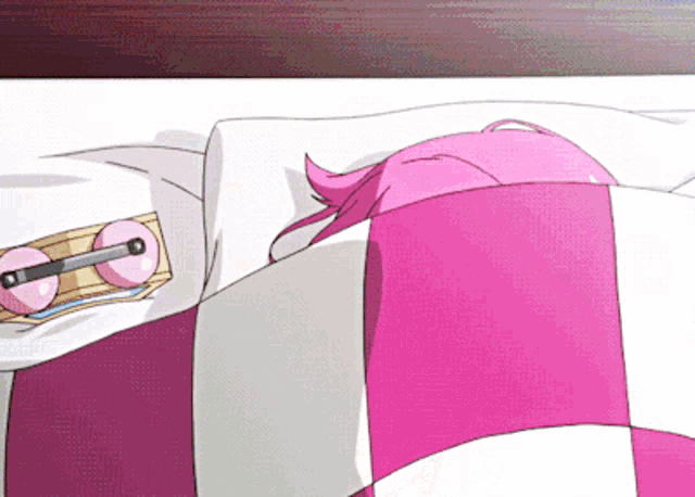 a girl with pink hair is sleeping on a bed with a pink and white striped blanket