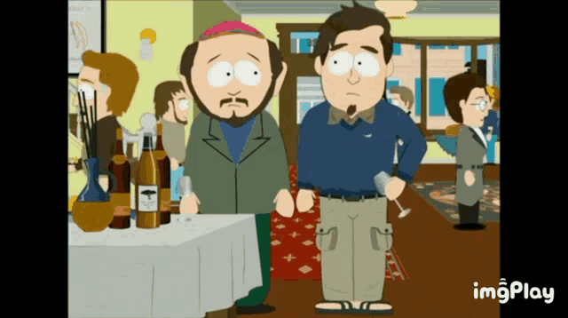 a cartoon of two men standing in front of a table with bottles of alcohol on it