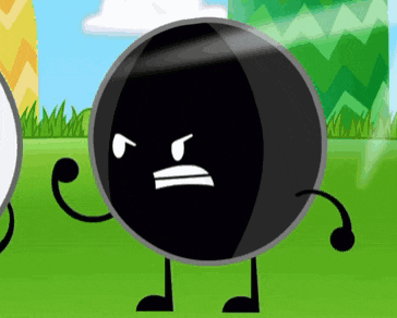 a black cartoon character with arms and legs is standing in the grass with an angry face .