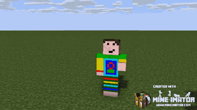 two minecraft characters are standing in a field with the words mine imator below them
