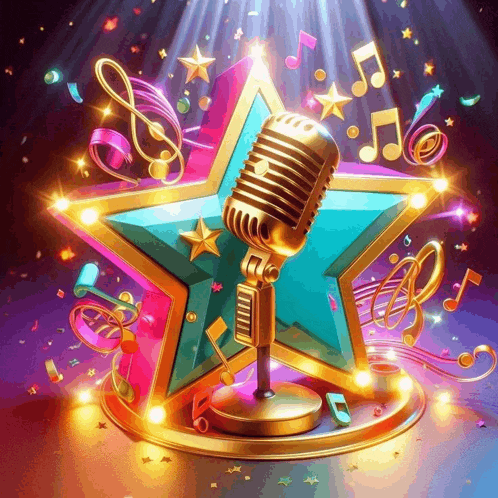 a microphone is surrounded by music notes and a star