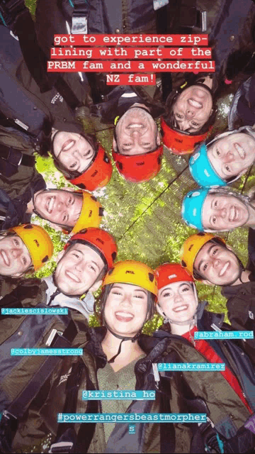 a group of people are in a circle wearing helmets and smiling