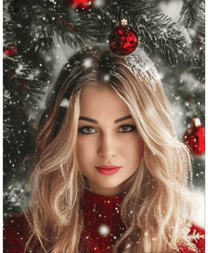 a woman in a red sweater stands under a christmas tree
