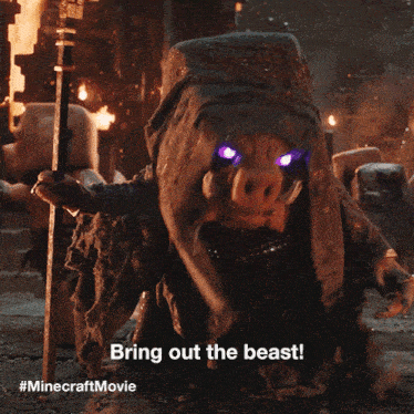 an advertisement for a minecraft movie shows a pig with glowing eyes