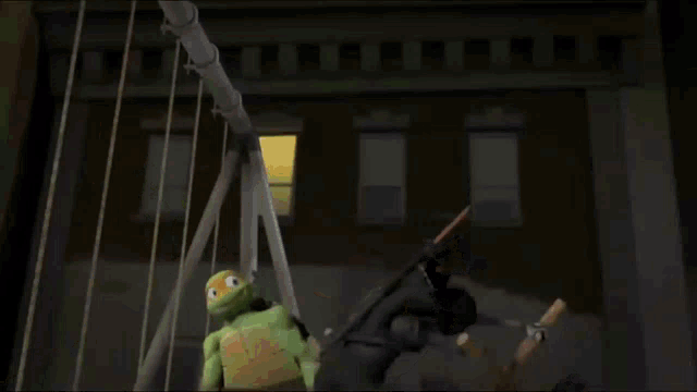 teenage mutant ninja turtles fighting each other in front of a graffiti wall