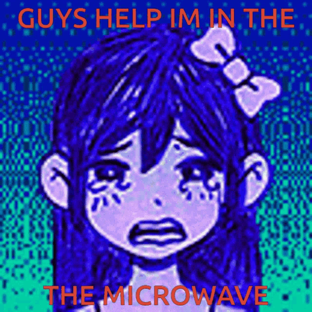 a girl with blue hair and a bow in her hair is crying with the words " guys help im in the microwave "