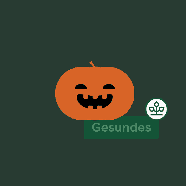 an illustration of a pumpkin with a white hat and the word gesundes under it
