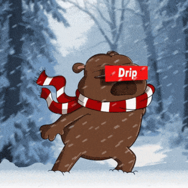 a cartoon bear wearing a scarf and a red drip sign