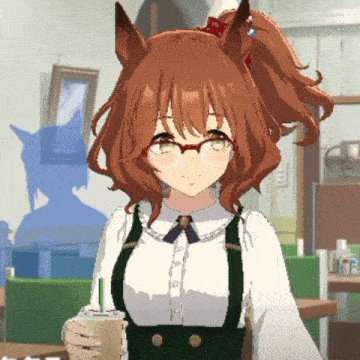 a girl with glasses and a ponytail holds a drink