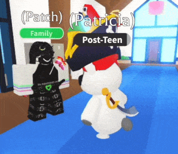 a video game character named patricia is standing next to another character