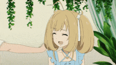 a girl in a blue dress is being hugged