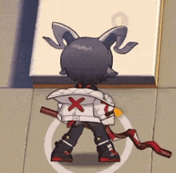 a cartoon character is standing on a tiled floor holding a sword and wearing a jacket with an x on it .