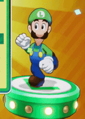a cartoon character with a beard and a green hat with the letter l on it is standing on a green platform .
