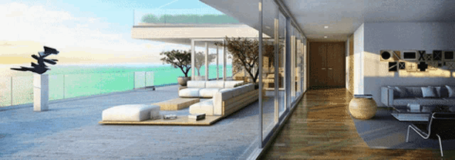 an artist 's impression of a living room with a large balcony overlooking the ocean