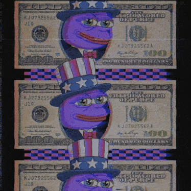 several 100 dollar bills with a purple pepe on them