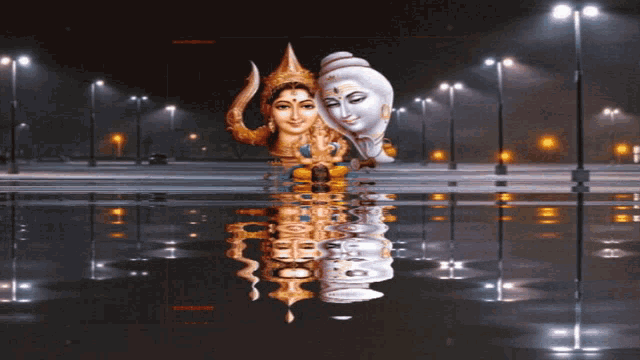 a painting of a couple of deities is reflected in the water