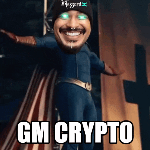 a man in a superhero costume with the words gm crypto on the bottom