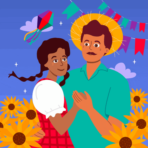 a man and a woman are dancing in front of sunflowers