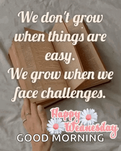 a woman is reading a book with a quote that says we don t grow when things are easy