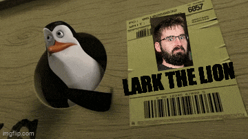 a penguin is standing next to a lark the lion flyer