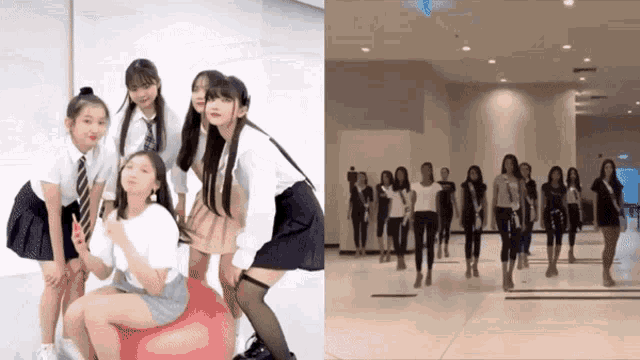 a group of girls are posing for a picture next to a group of girls standing in a room
