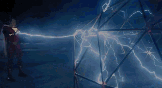 a man in a superhero costume is standing in front of a lightning bolt