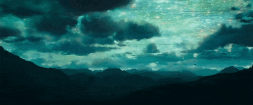 a painting of a mountain range with clouds in the sky