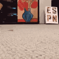 a painting of flowers in a blue vase sits on a carpet next to a sign that says ess pn