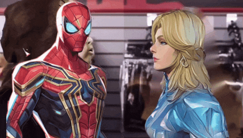a drawing of a man in a spiderman suit and a woman in a superhero outfit