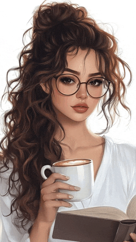 a woman wearing glasses is holding a cup of coffee and a book