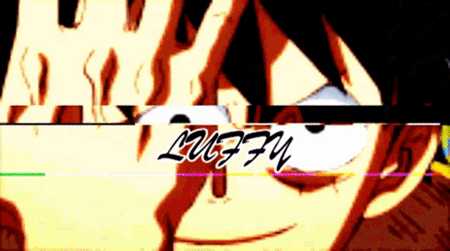 a close up of luffy 's face with the word luffy on the bottom
