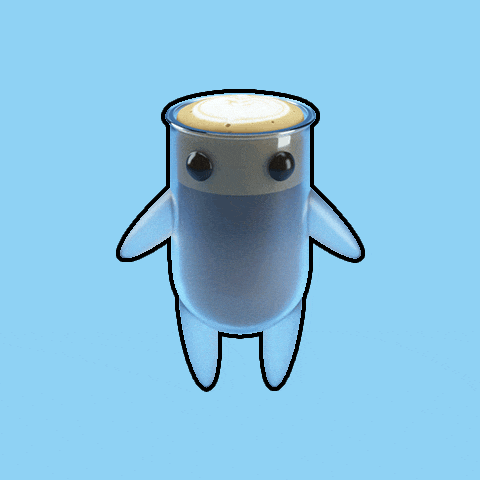 a cartoon drawing of a shark with a cup of coffee on its head