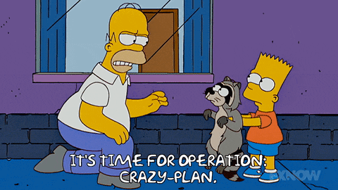 a cartoon of homer simpson and bart simpson talking to a raccoon