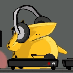 a yellow cartoon character wearing headphones is standing next to a turntable