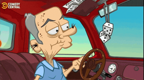a cartoon of an old man driving a red car with a comedy central logo