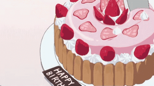 a birthday cake with strawberries and a sign that says happy birthday
