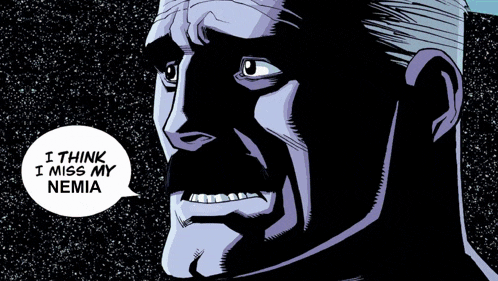 a comic book character with a speech bubble saying i think i miss my nemia
