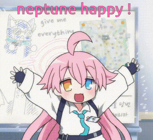 a girl with pink hair is standing in front of a white board with the words neptune happy written on it