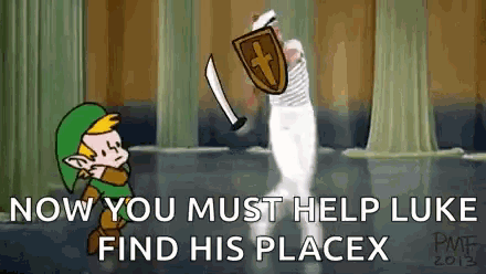 a cartoon of link holding a sword and shield with the words " now you must help luke find his placex "