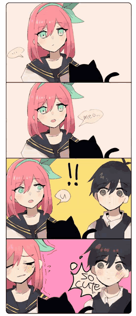 a girl with pink hair and blue eyes is talking to a black cat