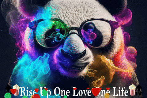 a panda bear wearing glasses with the words rise up one love one life written below it
