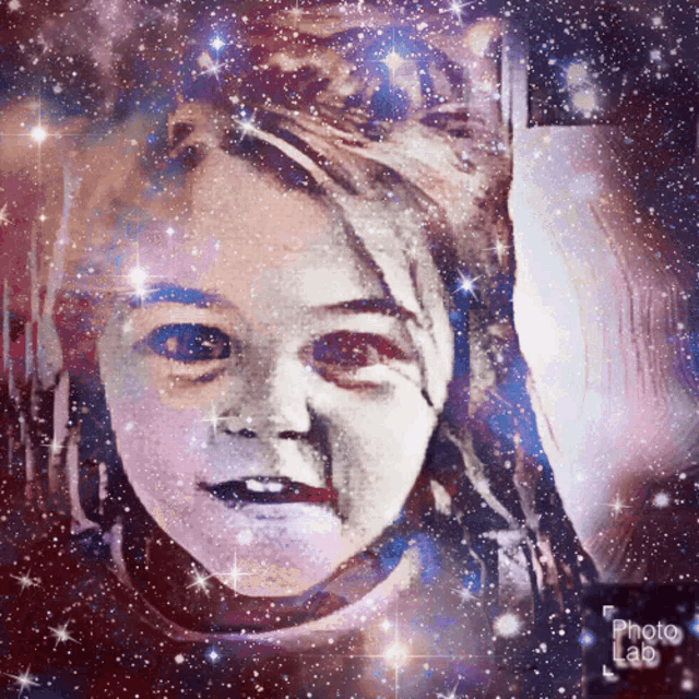 a painting of a child 's face with a photo lab logo in the bottom right corner